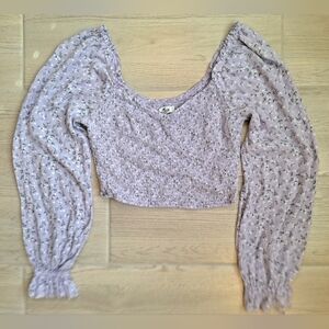 Hollister Women's Lavender Floral Long Sleeved Smocked Cropped Top - Size  Large